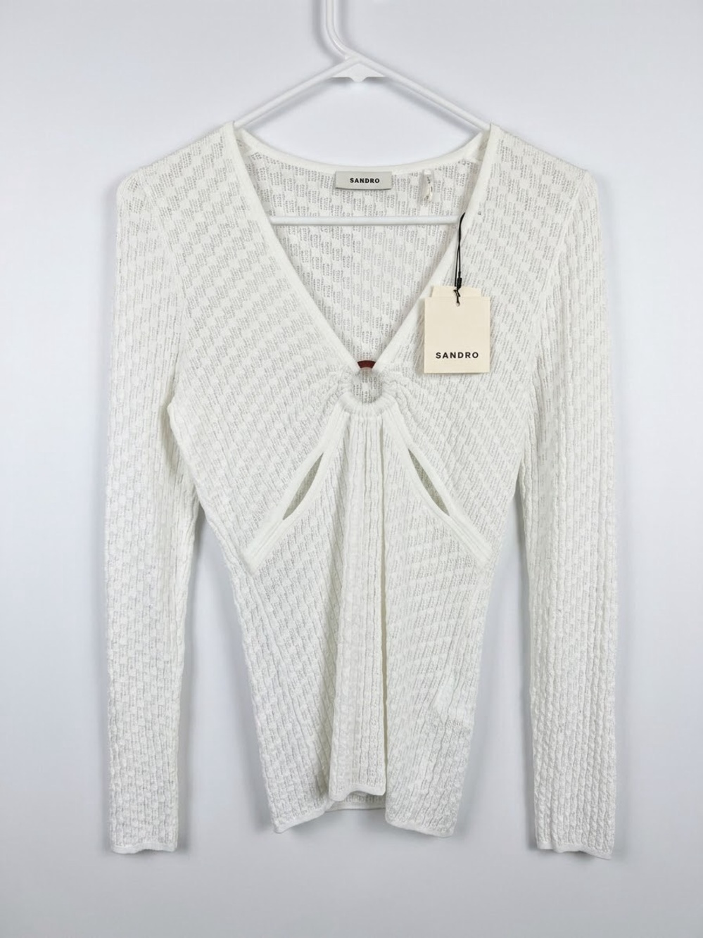 Sandro Ivory Textured Long-Sleeve V-Neck Top with Center Ring